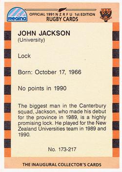 1991 Regina NZRFU 1st Edition #173 John Jackson Back